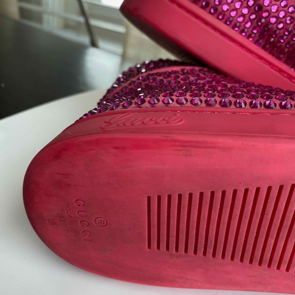 GUCCI PINK FUSCHIA LEATHER FAUX DIAMOND ACCENT LACED HI-CUT SNEAKERS RUBBER 37-7 - Picture 9 of 10